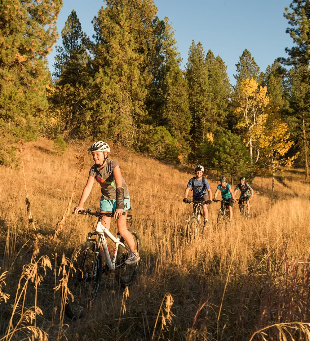 Family Ride on mountain bikes cruising down hill