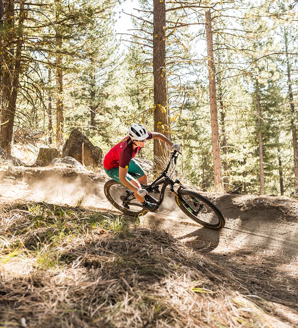 mountain biker on trail in woods